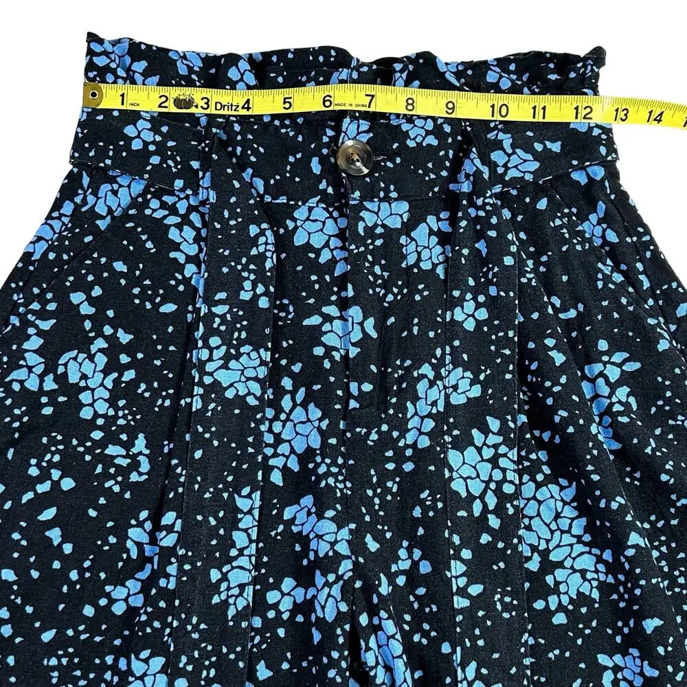 Who What Wear Paper Bag Shorts Size 2 Black Blue Coastal Linen Rayon Belted
